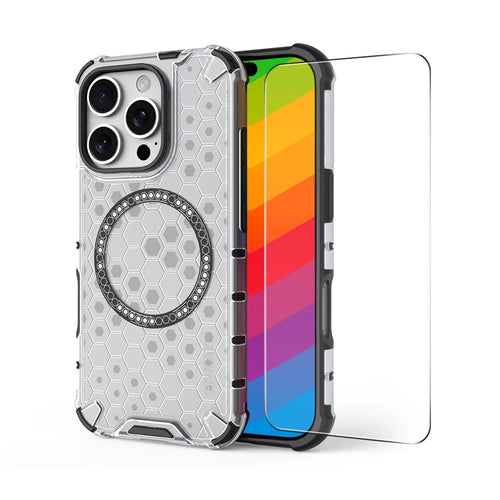 ENKAY HAT PRINCE For iPhone 15 Pro  Magnetic Case Honeycomb Design TPU+PC Phone Cover + Large Arc Edge Screen Protector - White - 1