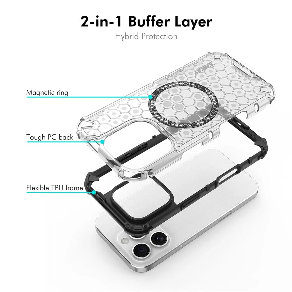 ENKAY HAT PRINCE For iPhone 15 Pro  Magnetic Case Honeycomb Design TPU+PC Phone Cover + Large Arc Edge Screen Protector - White - 2
