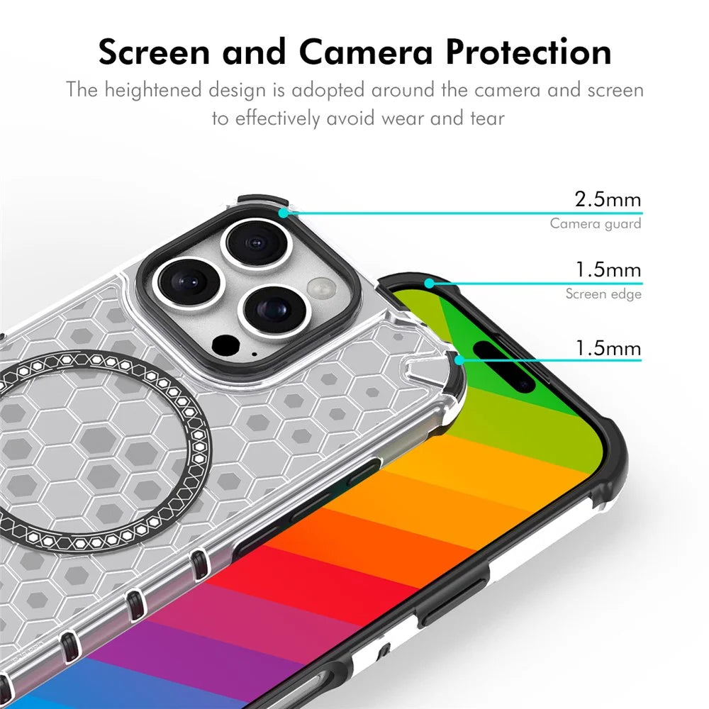 ENKAY HAT PRINCE For iPhone 15 Pro  Magnetic Case Honeycomb Design TPU+PC Phone Cover + Large Arc Edge Screen Protector - White - 3