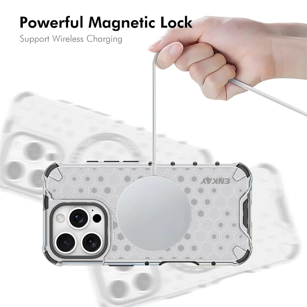 ENKAY HAT PRINCE For iPhone 15 Pro  Magnetic Case Honeycomb Design TPU+PC Phone Cover + Large Arc Edge Screen Protector - White - 4