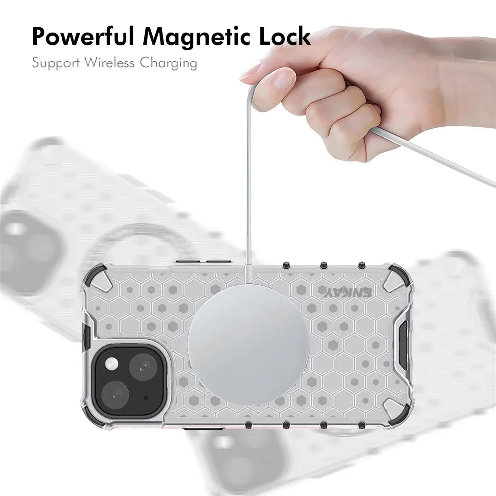 ENKAY HAT PRINCE For iPhone 14  Magnetic Case Honeycomb Design TPU+PC Phone Cover + Large Arc Edge Screen Protector - White - 4