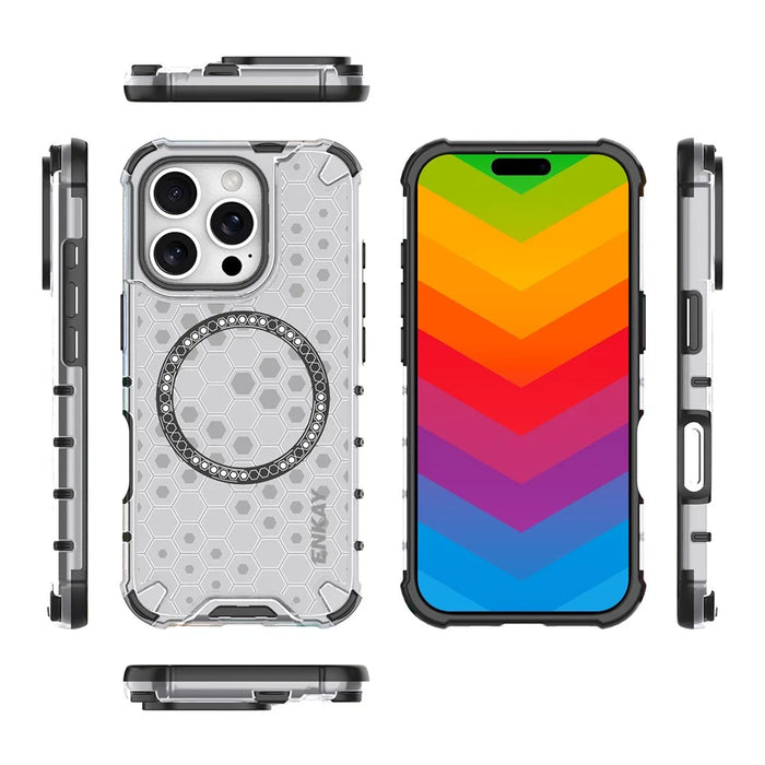 ENKAY HAT PRINCE For iPhone 14 Pro Max  Magnetic Case Honeycomb Design TPU+PC Phone Cover + Large Arc Edge Screen Protector - White - 6