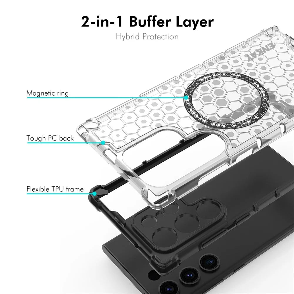 ENKAY HAT PRINCE For Samsung Galaxy S24 Ultra  Magnetic Case Honeycomb Design TPU+PC Phone Cover + 0.18mm Screen Protector - White - 2