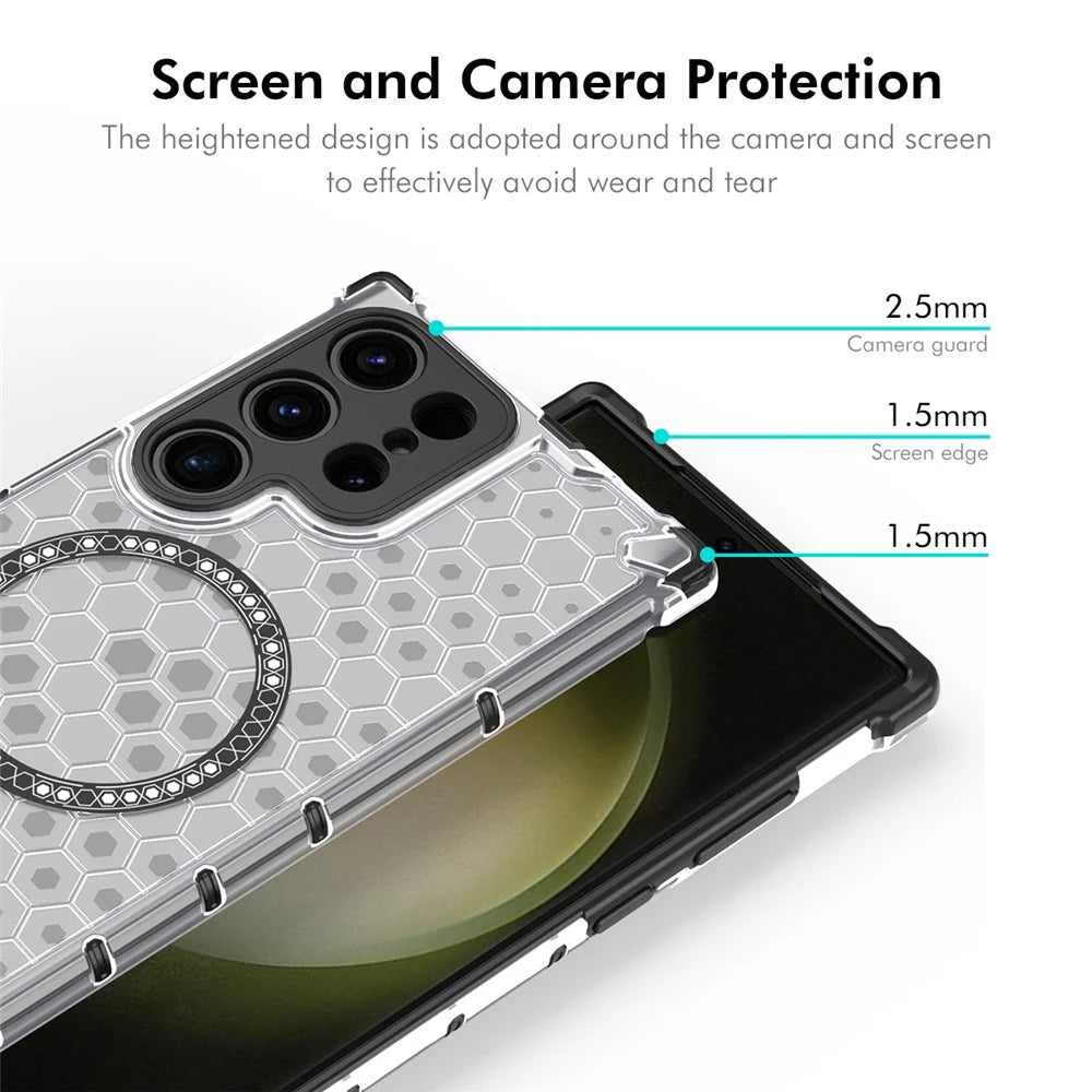ENKAY HAT PRINCE For Samsung Galaxy S24 Ultra  Magnetic Case Honeycomb Design TPU+PC Phone Cover + 0.18mm Screen Protector - White - 3