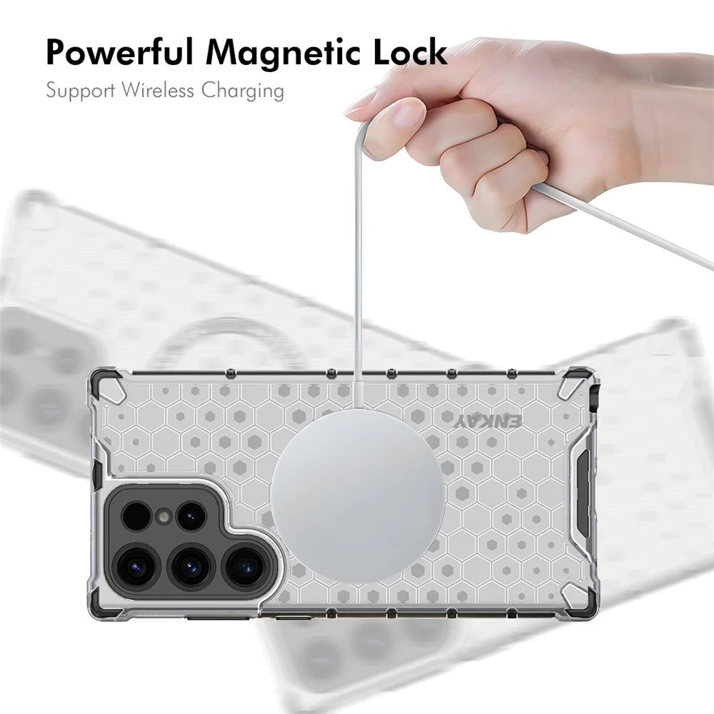 ENKAY HAT PRINCE For Samsung Galaxy S24 Ultra  Magnetic Case Honeycomb Design TPU+PC Phone Cover + 0.18mm Screen Protector - White - 4
