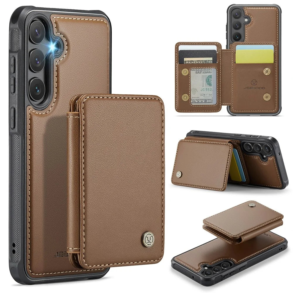 JEEHOOD J05 For Samsung Galaxy S23 FE Case Leather Mobile Cover with Detachable Magnetic Card Bag - Brown - 1
