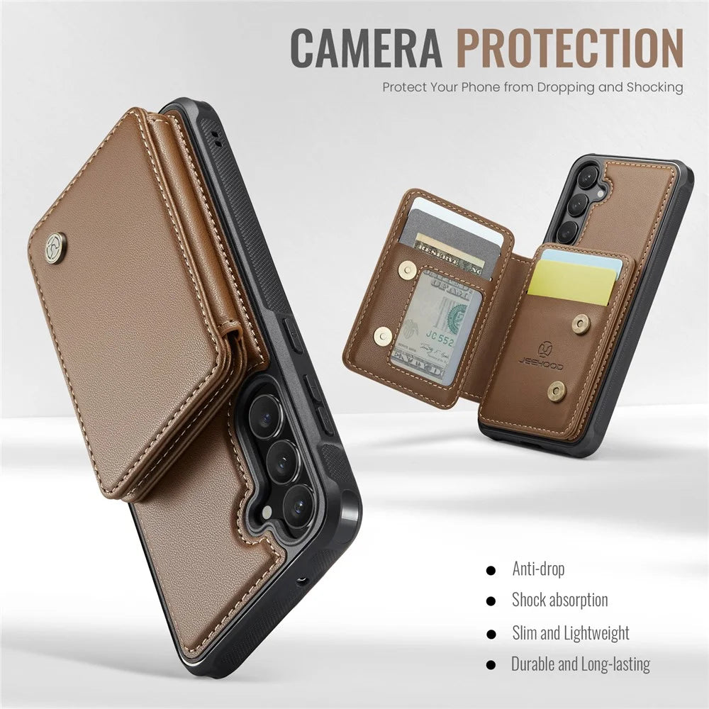 JEEHOOD J05 For Samsung Galaxy S23 FE Case Leather Mobile Cover with Detachable Magnetic Card Bag - Brown - 6