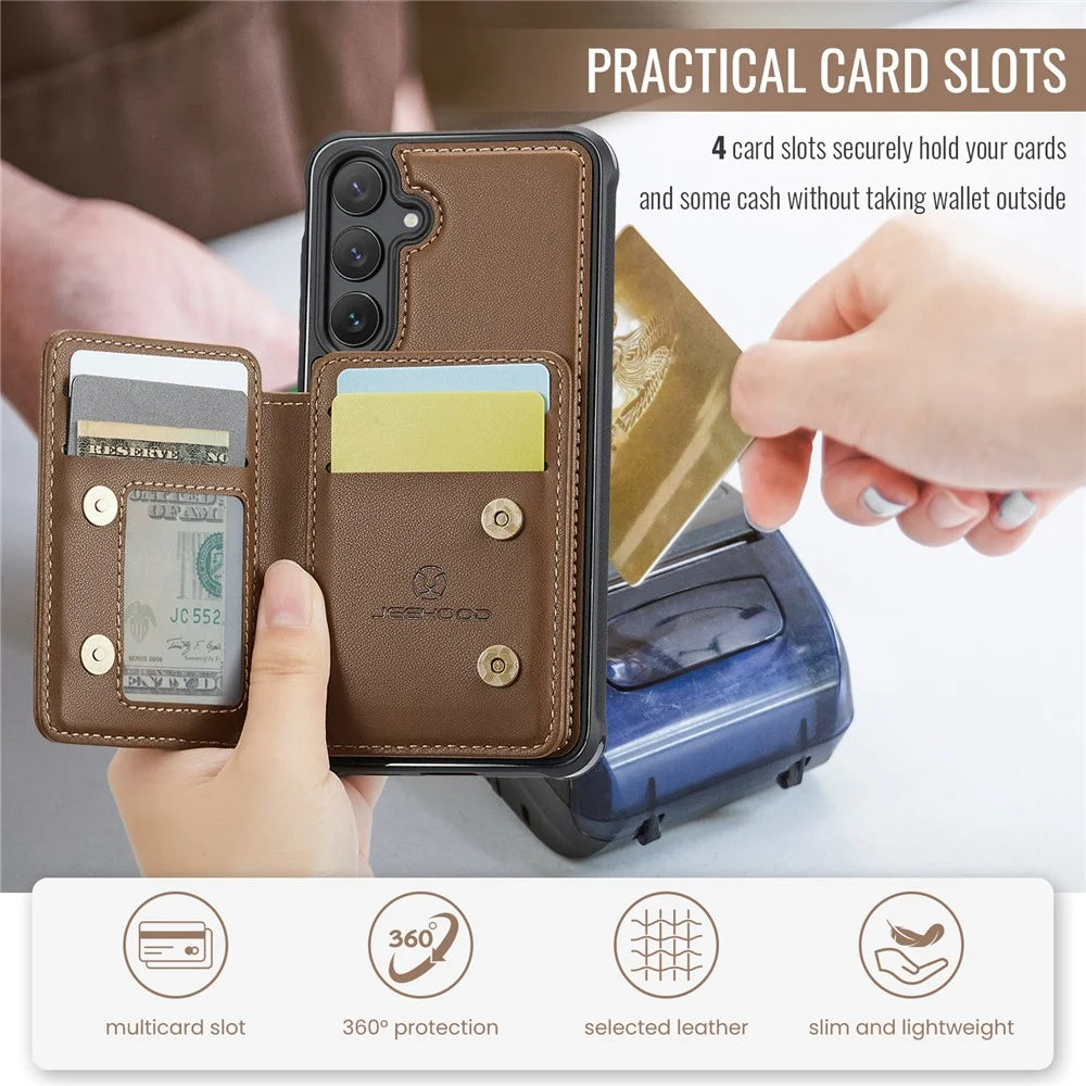 JEEHOOD J05 For Samsung Galaxy S23 FE Case Leather Mobile Cover with Detachable Magnetic Card Bag - Brown - 7