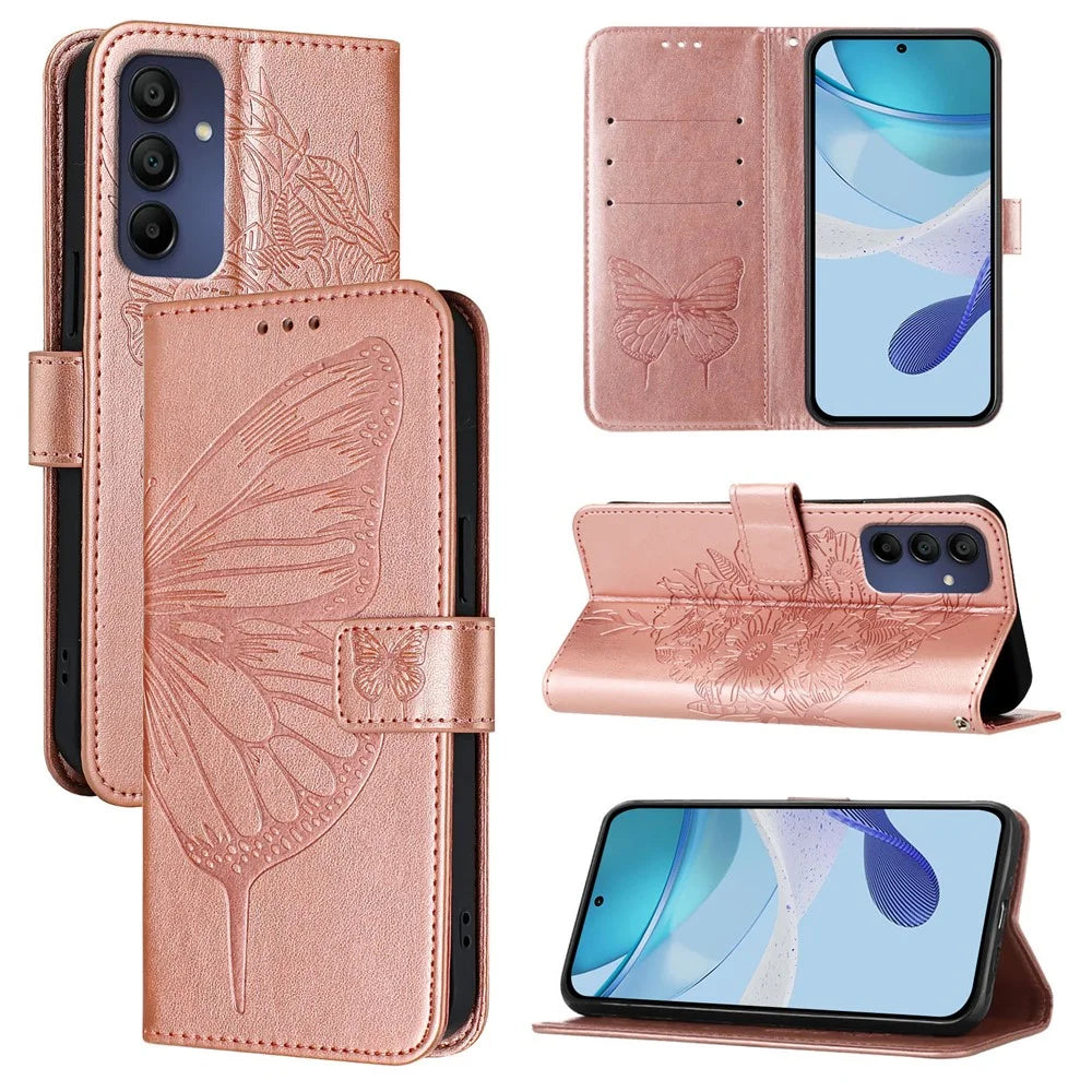 For Samsung Galaxy A16 5G / A16 4G Wallet Case with Wrist Strap Butterfly Imprint Leather Phone Cover -  Rose Gold - 1