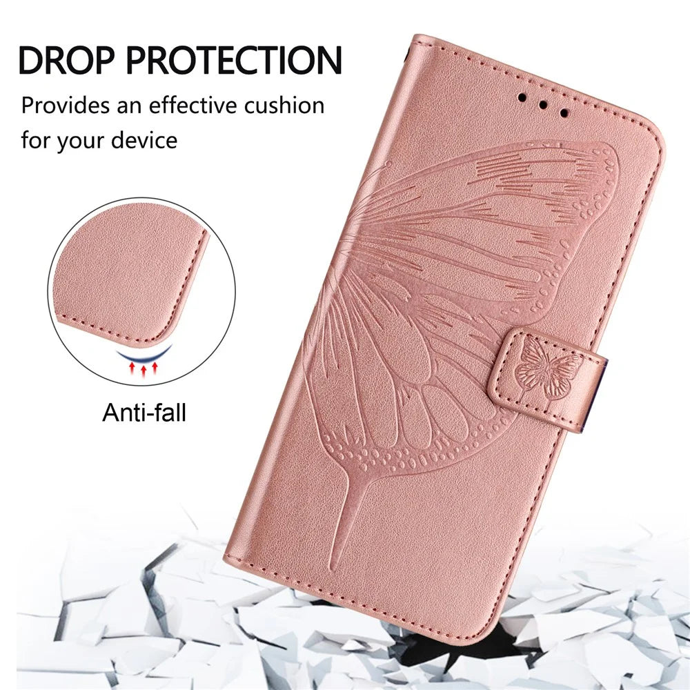 For Samsung Galaxy A16 5G / A16 4G Wallet Case with Wrist Strap Butterfly Imprint Leather Phone Cover -  Rose Gold - 4
