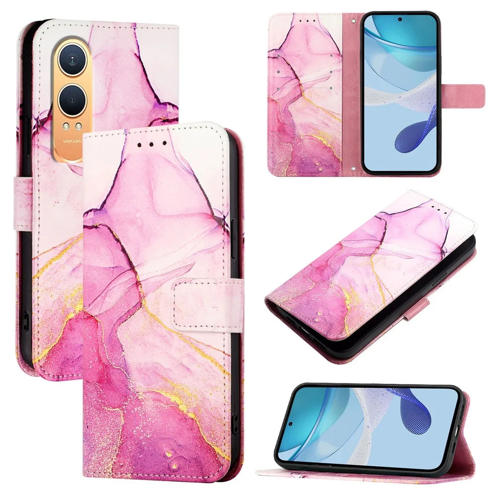 For OnePlus Nord CE4 Lite 5G Case with Strap Marble Pattern Leather Phone Cover Card Holder  - Pink / Purple / Gold LS001 - 1