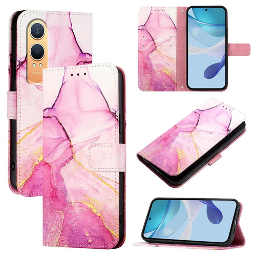 For OnePlus Nord CE4 Lite 5G Case with Strap Marble Pattern Leather Phone Cover Card Holder  - Pink / Purple / Gold LS001 - 1
