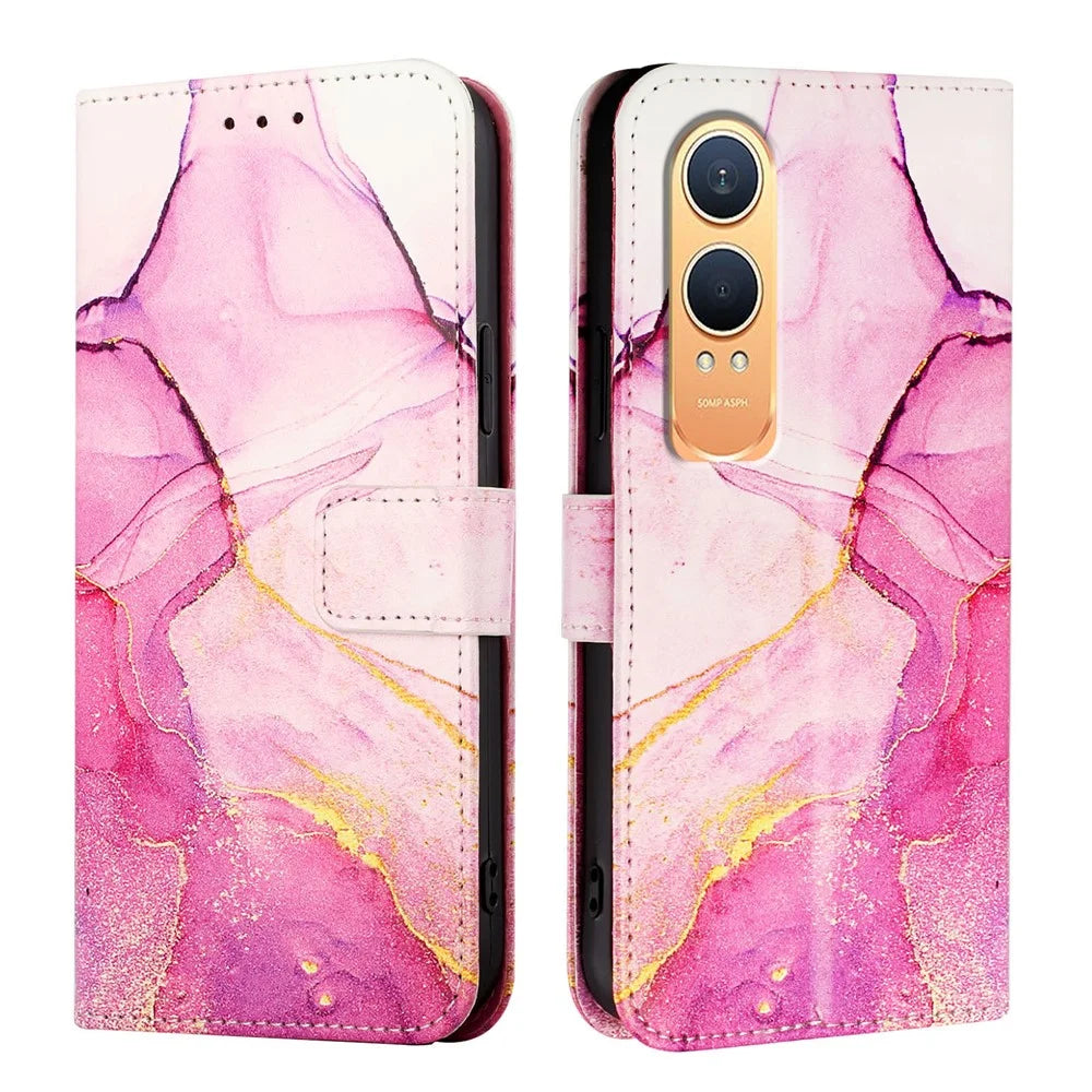 For OnePlus Nord CE4 Lite 5G Case with Strap Marble Pattern Leather Phone Cover Card Holder  - Pink / Purple / Gold LS001 - 2