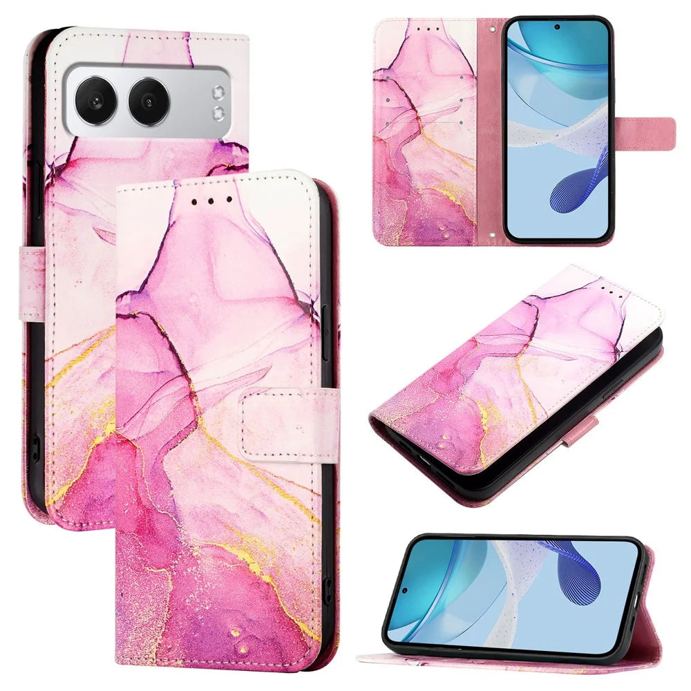 For OnePlus Nord 4 Case with Strap Marble Pattern Leather Phone Cover Card Holder  - Pink / Purple / Gold LS001 - 1