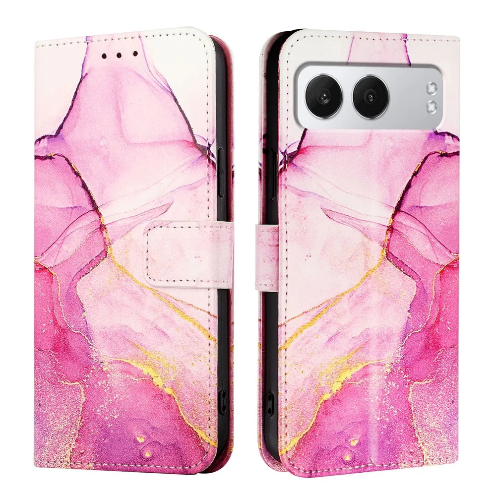 For OnePlus Nord 4 Case with Strap Marble Pattern Leather Phone Cover Card Holder  - Pink / Purple / Gold LS001 - 2