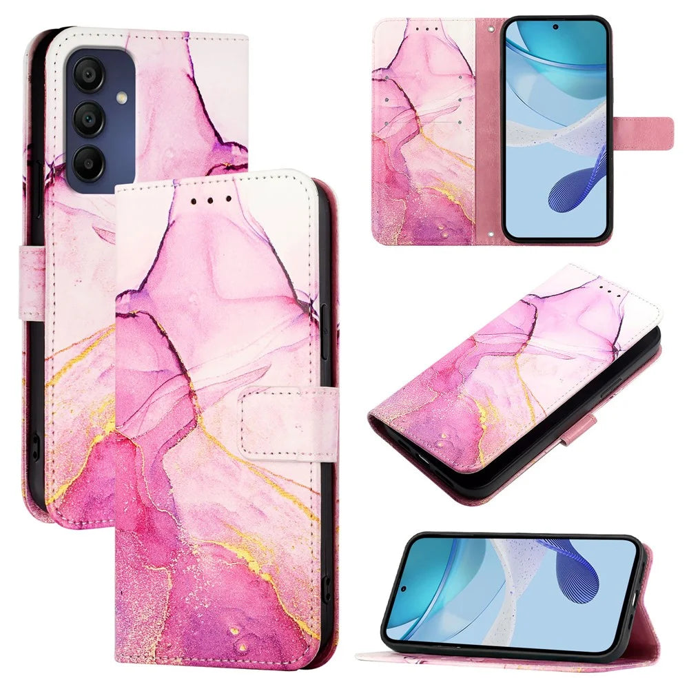 For Samsung Galaxy A16 5G / A16 4G Case with Strap Marble Pattern Leather Phone Cover Card Holder  - Pink / Purple / Gold LS001 - 1