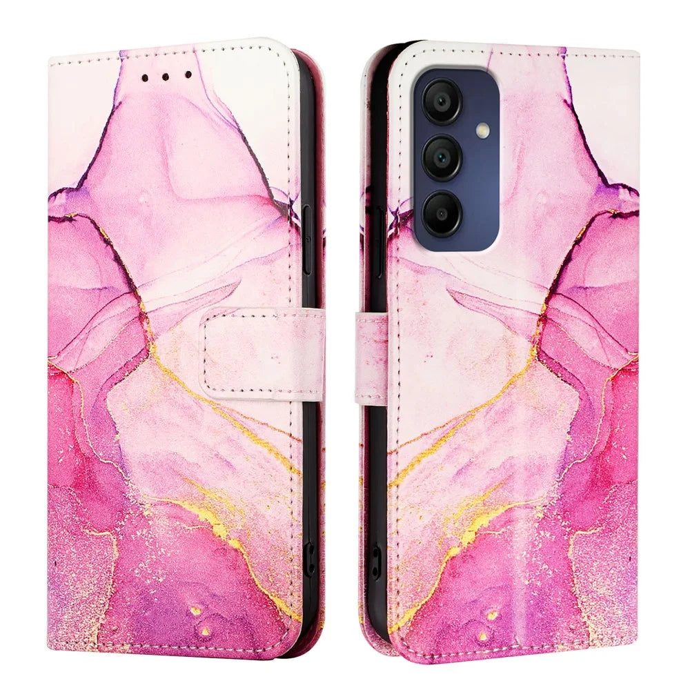 For Samsung Galaxy A16 5G / A16 4G Case with Strap Marble Pattern Leather Phone Cover Card Holder  - Pink / Purple / Gold LS001 - 2