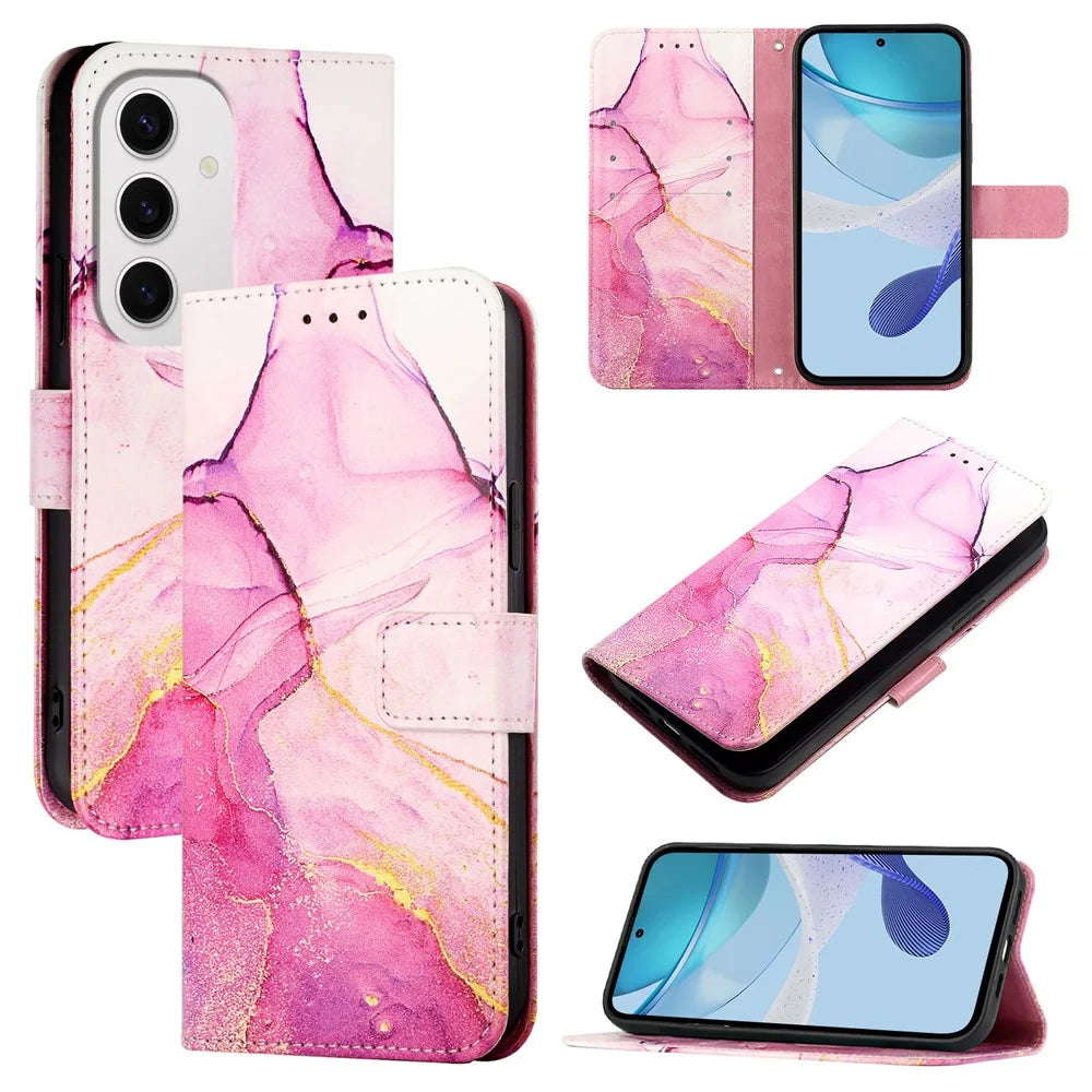 For Samsung Galaxy S24 FE Case with Strap Marble Pattern Leather Phone Cover Card Holder  - Pink / Purple / Gold LS001 - 1