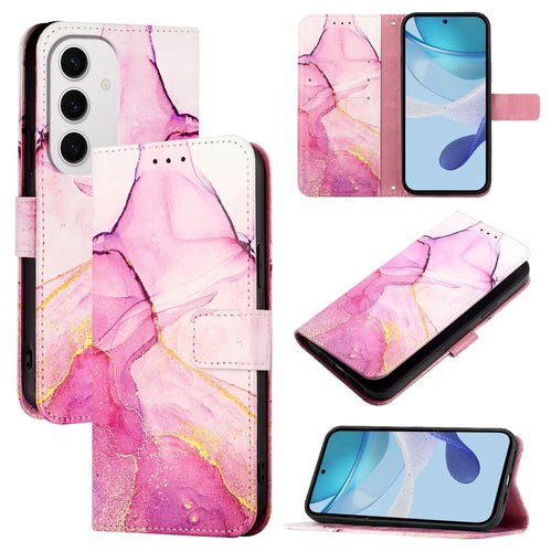 For Samsung Galaxy S24 FE Case with Strap Marble Pattern Leather Phone Cover Card Holder  - Pink / Purple / Gold LS001 - 1