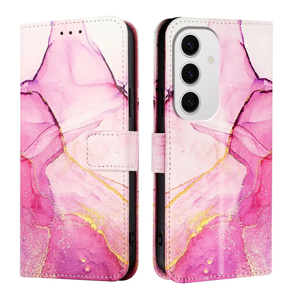 For Samsung Galaxy S24 FE Case with Strap Marble Pattern Leather Phone Cover Card Holder  - Pink / Purple / Gold LS001 - 2