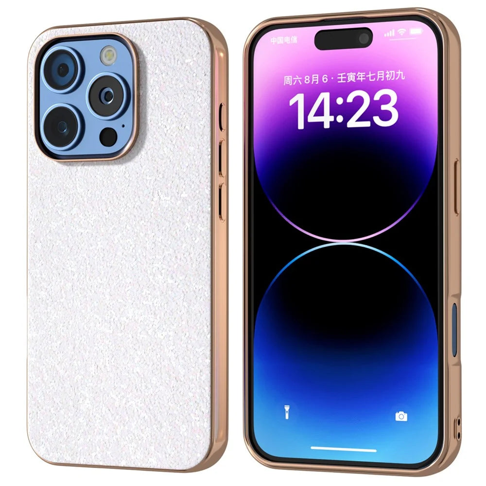 For iPhone 16 Pro Max Case Electroplating Phone Cover Colored Glitter Design PU+TPU Protective Case - Gardenia White - 1