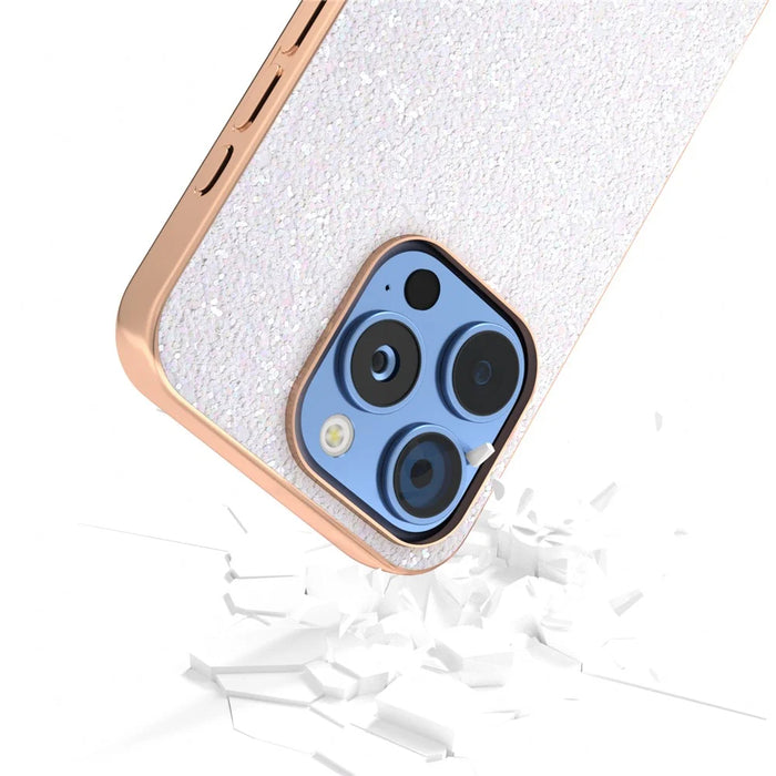 For iPhone 16 Pro Max Case Electroplating Phone Cover Colored Glitter Design PU+TPU Protective Case - Gardenia White - 3