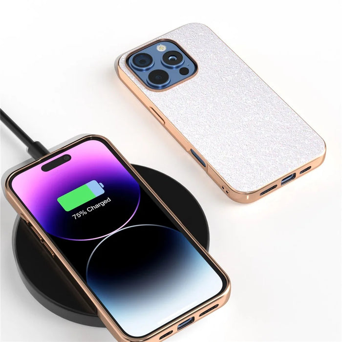 For iPhone 16 Pro Max Case Electroplating Phone Cover Colored Glitter Design PU+TPU Protective Case - Gardenia White - 4