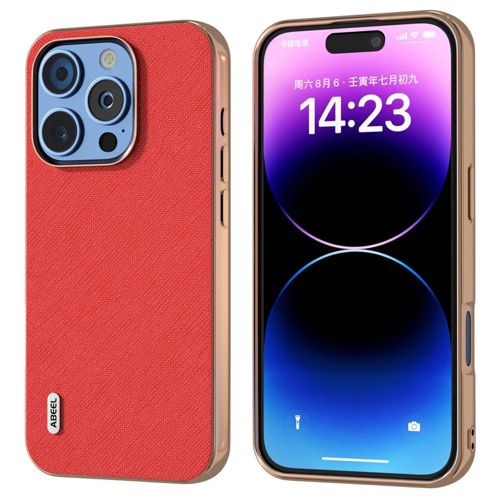 ABEEL For iPhone 16 Pro Max Case Electroplating Phone Cover Cross Texture Genuine Cow Leather+TPU Protective Case - Red - 1