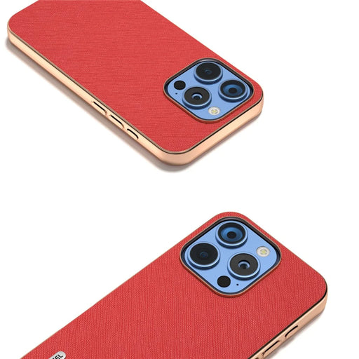 ABEEL For iPhone 16 Pro Max Case Electroplating Phone Cover Cross Texture Genuine Cow Leather+TPU Protective Case - Red - 2