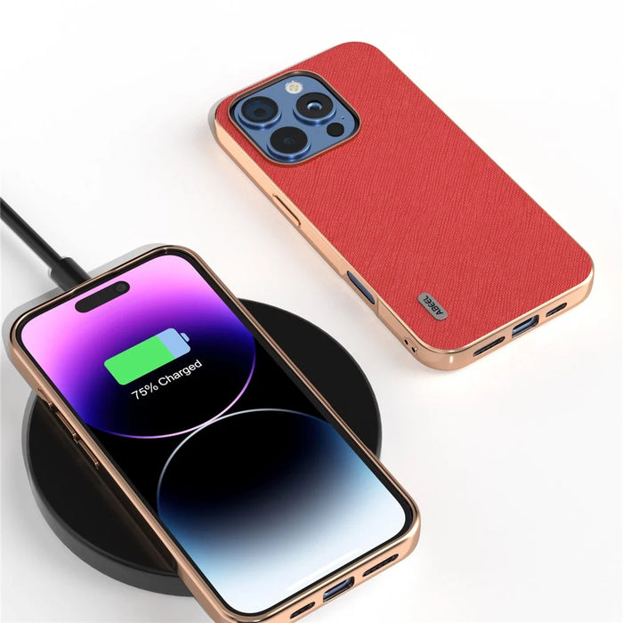 ABEEL For iPhone 16 Pro Max Case Electroplating Phone Cover Cross Texture Genuine Cow Leather+TPU Protective Case - Red - 4