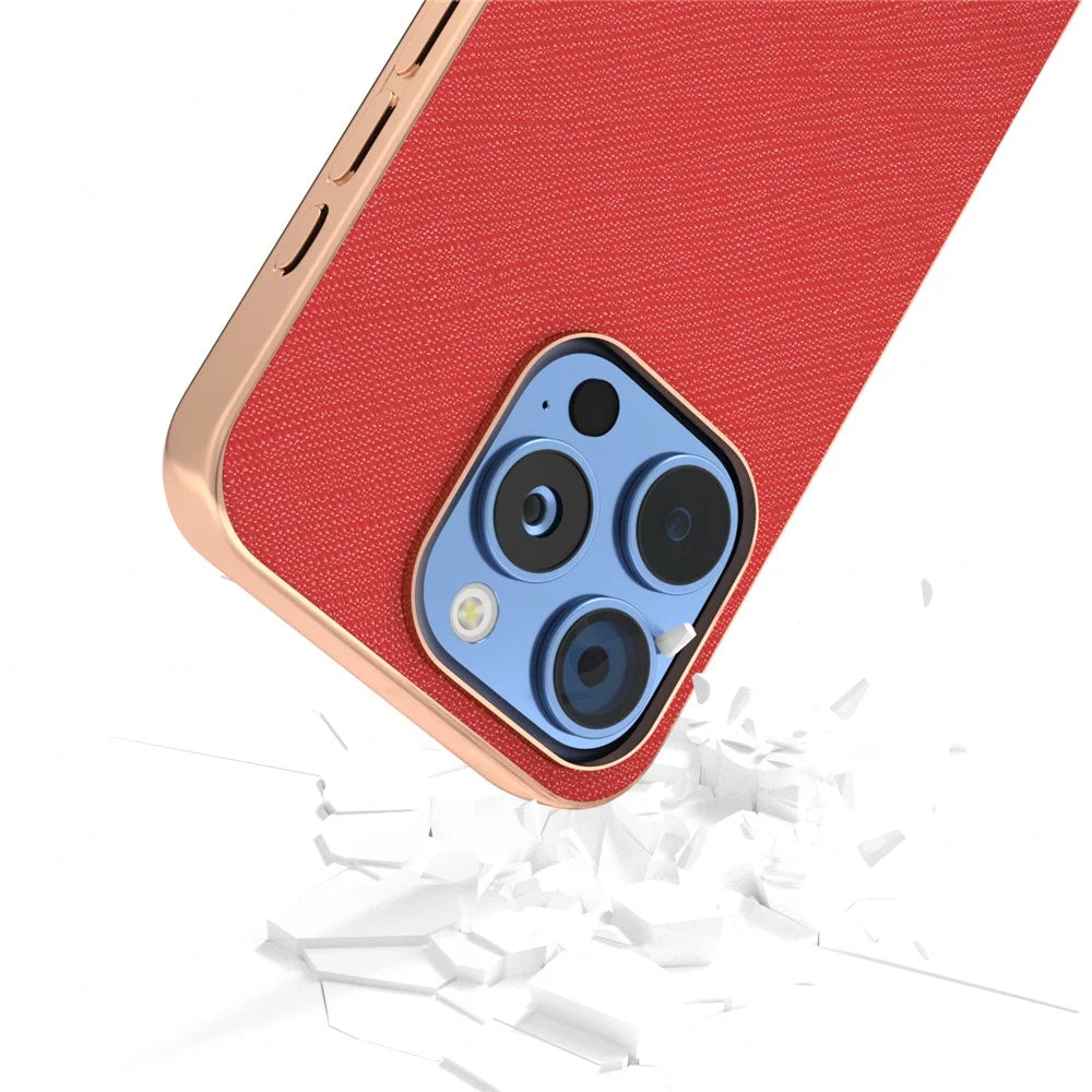 ABEEL For iPhone 16 Pro Case Electroplating Phone Cover Cross Texture Genuine Cow Leather+TPU Protective Case - Red - 3