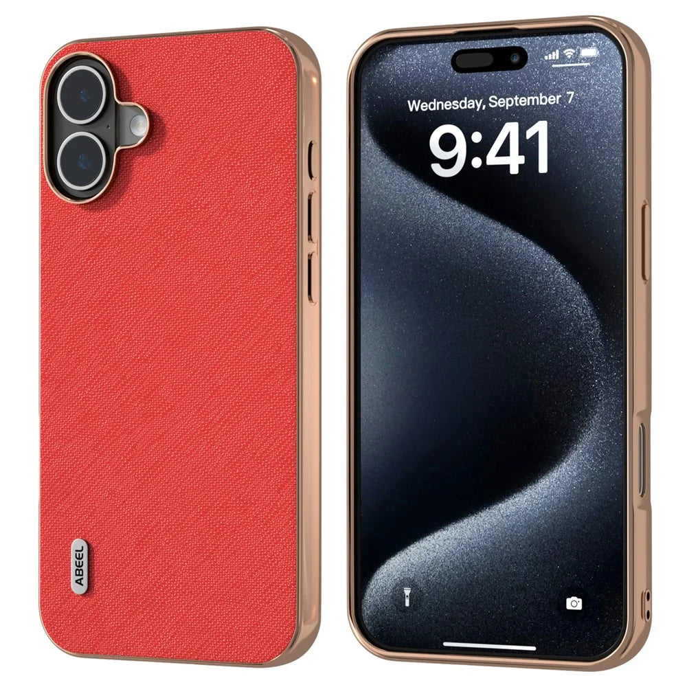 ABEEL For iPhone 16 Plus Case Electroplating Phone Cover Cross Texture Genuine Cow Leather+TPU Protective Case - Red - 1