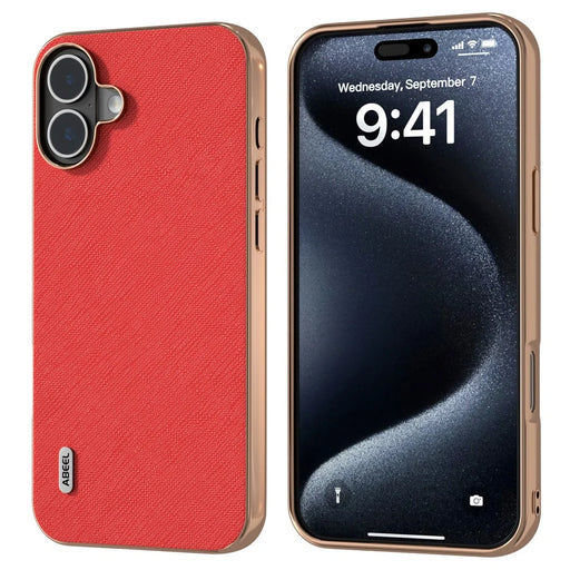 ABEEL For iPhone 16 Plus Case Electroplating Phone Cover Cross Texture Genuine Cow Leather+TPU Protective Case - Red - 1