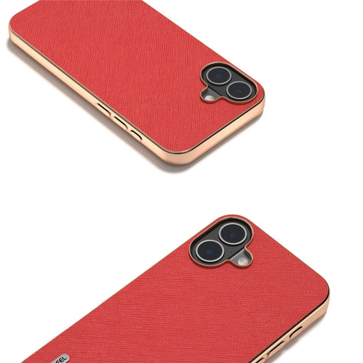 ABEEL For iPhone 16 Plus Case Electroplating Phone Cover Cross Texture Genuine Cow Leather+TPU Protective Case - Red - 2