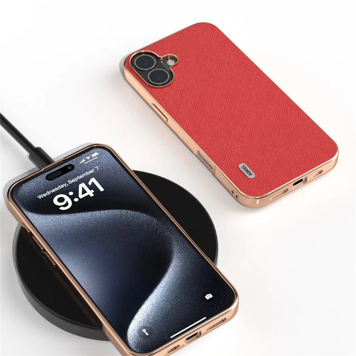 ABEEL For iPhone 16 Plus Case Electroplating Phone Cover Cross Texture Genuine Cow Leather+TPU Protective Case - Red - 4