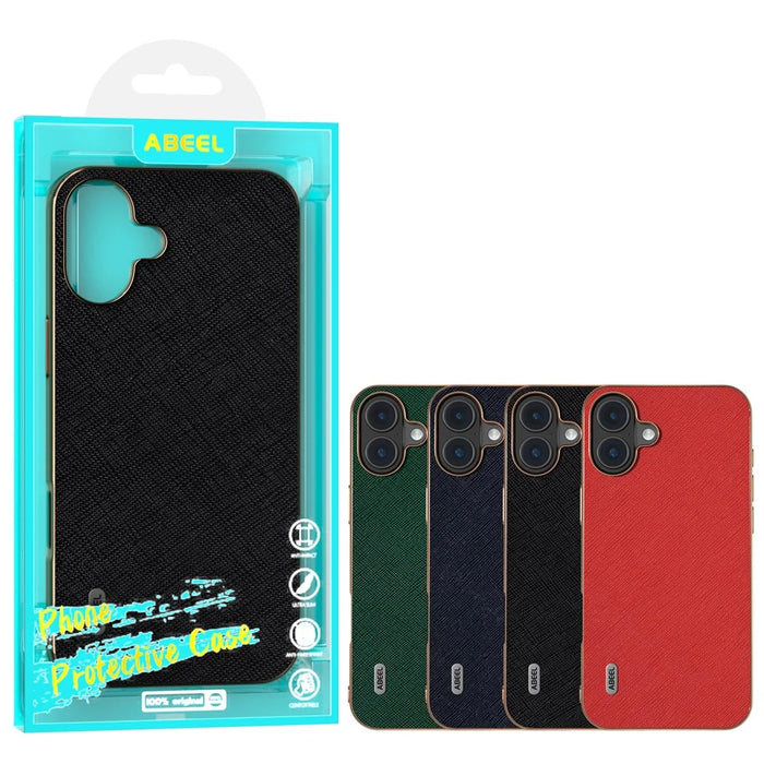 ABEEL For iPhone 16 Plus Case Electroplating Phone Cover Cross Texture Genuine Cow Leather+TPU Protective Case - Red - 5