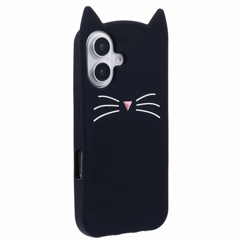 For iPhone 16 Silicone Case 3D Moustache Cat Protective Phone Cover - Black - 1