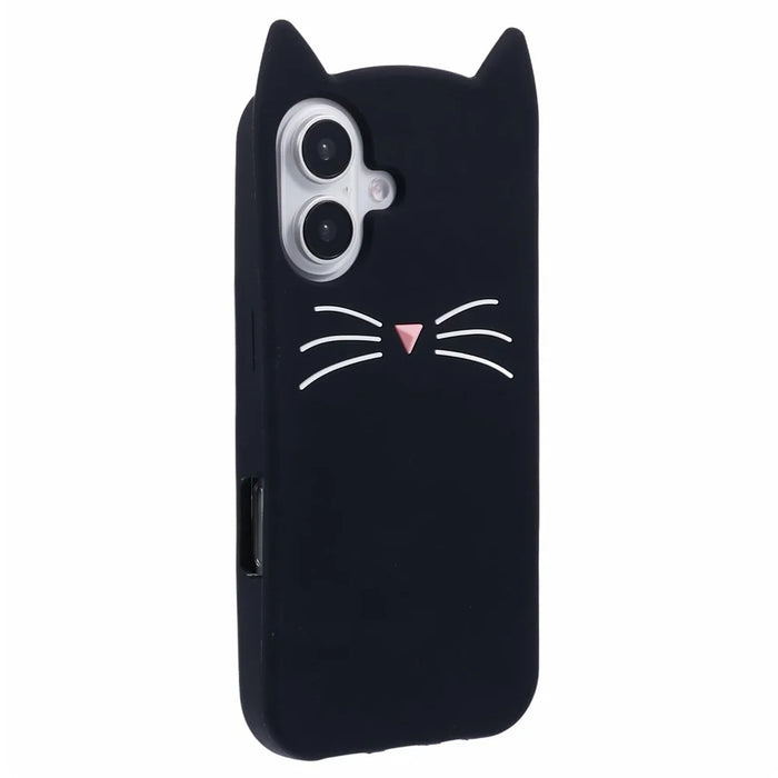For iPhone 16 Silicone Case 3D Moustache Cat Protective Phone Cover - Black - 1