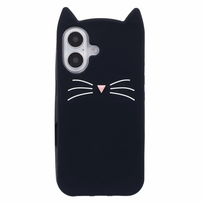 For iPhone 16 Silicone Case 3D Moustache Cat Protective Phone Cover - Black - 3