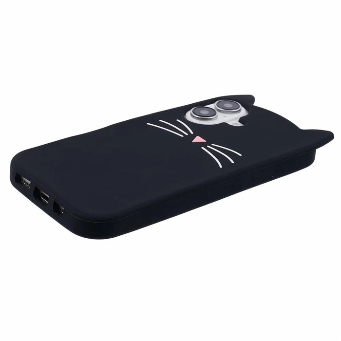 For iPhone 16 Silicone Case 3D Moustache Cat Protective Phone Cover - Black - 4