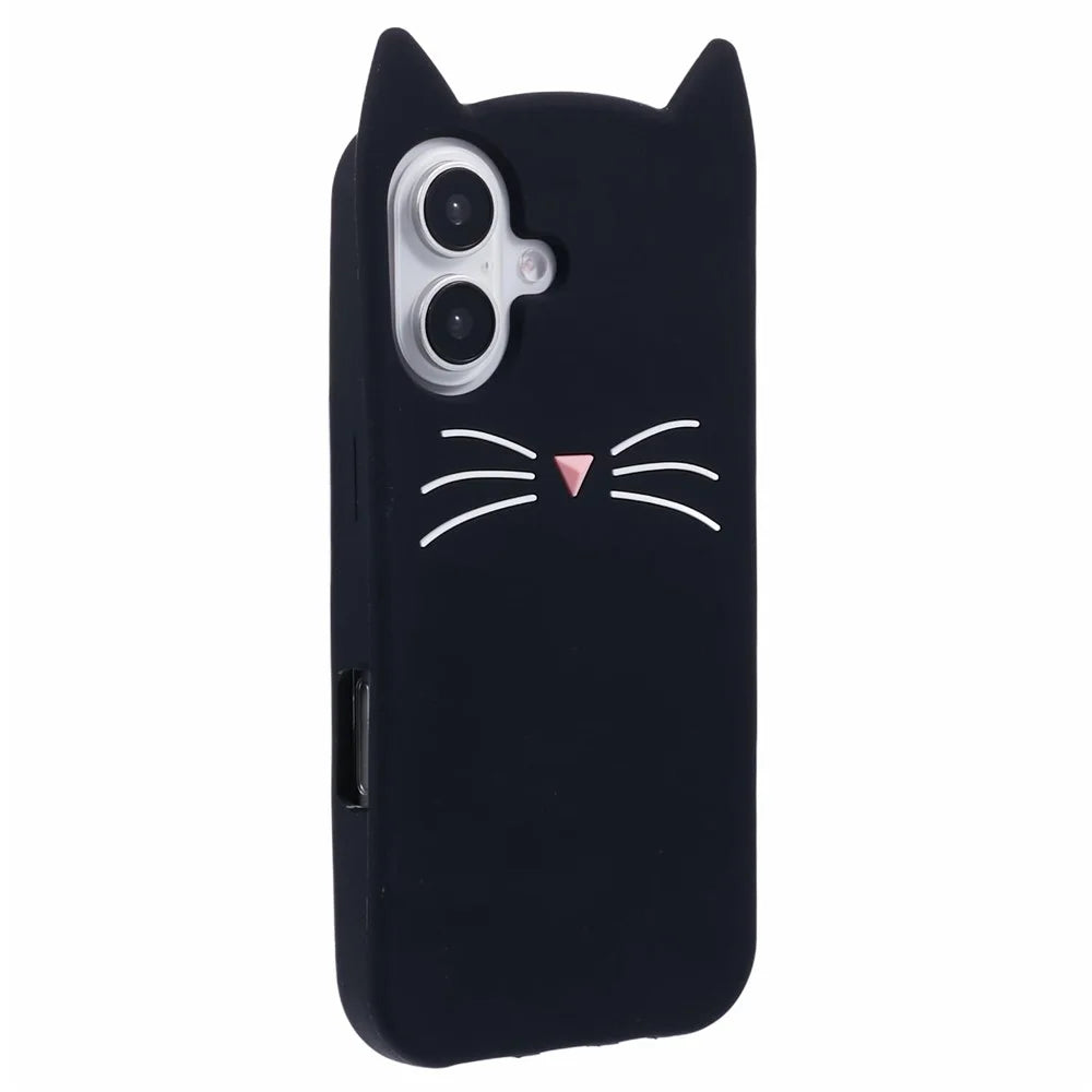 For iPhone 16 Plus Silicone Case 3D Moustache Cat Protective Phone Cover - Black - 1