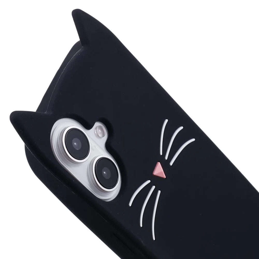 For iPhone 16 Plus Silicone Case 3D Moustache Cat Protective Phone Cover - Black - 6