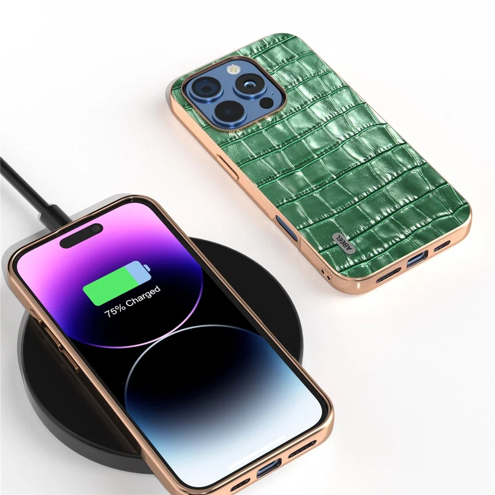 ABEEL For iPhone 16 Pro Max Case Electroplating Phone Cover Crocodile Texture Genuine Cow Leather+TPU Protective Case - Green - 4