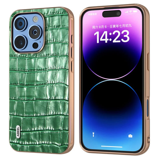 ABEEL For iPhone 16 Pro Case Electroplating Phone Cover Crocodile Texture Genuine Cow Leather+TPU Protective Case - Green - 1