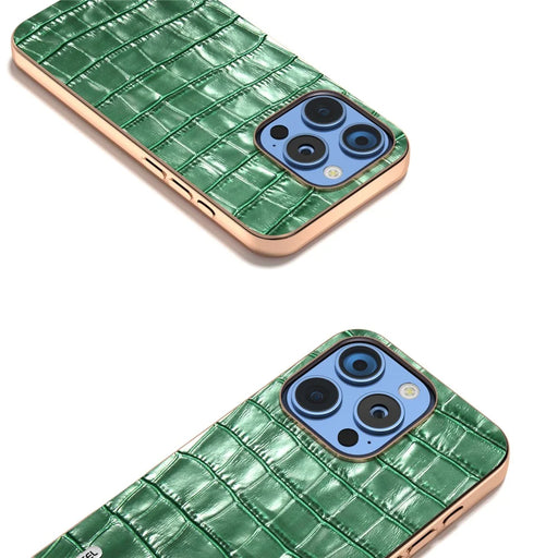 ABEEL For iPhone 16 Pro Case Electroplating Phone Cover Crocodile Texture Genuine Cow Leather+TPU Protective Case - Green - 2