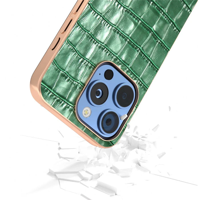 ABEEL For iPhone 16 Pro Case Electroplating Phone Cover Crocodile Texture Genuine Cow Leather+TPU Protective Case - Green - 3