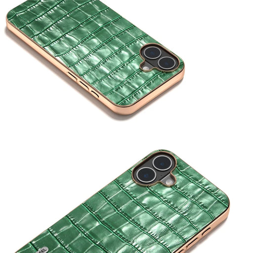 ABEEL For iPhone 16 Plus Case Electroplating Phone Cover Crocodile Texture Genuine Cow Leather+TPU Protective Case - Green - 2