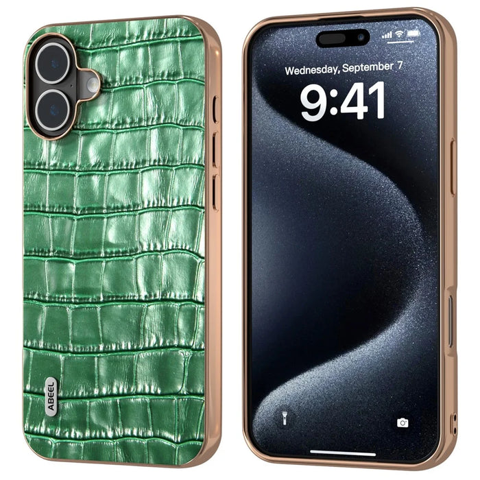 ABEEL For iPhone 16 Case Electroplating Phone Cover Crocodile Texture Genuine Cow Leather+TPU Protective Case - Green - 1