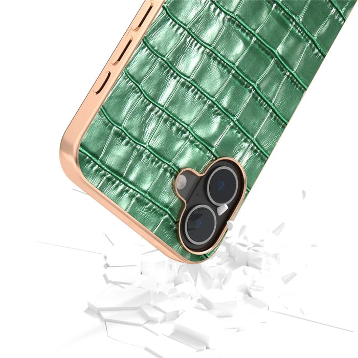 ABEEL For iPhone 16 Case Electroplating Phone Cover Crocodile Texture Genuine Cow Leather+TPU Protective Case - Green - 3