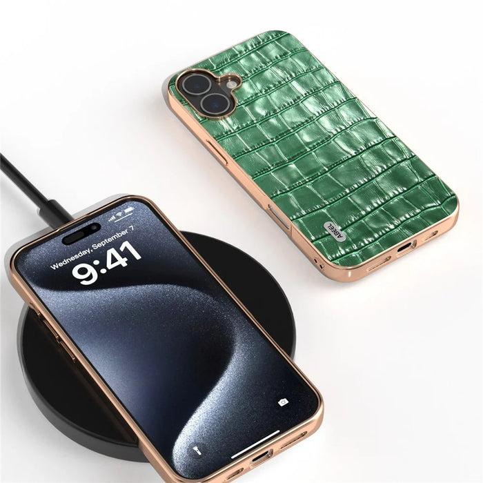 ABEEL For iPhone 16 Case Electroplating Phone Cover Crocodile Texture Genuine Cow Leather+TPU Protective Case - Green - 4